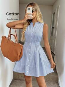 Easowa 立领纽扣前部松紧腰褶皱 A 字形无袖休闲度假优雅迷你连衣裙，棉质条纹面料 - 藍白色 - 查看 1