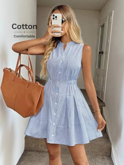 Easowa Vestido casual y elegante de mini longitud sin mangas, con cuello alto, cierre con botones, cintura elástica y pliegues en la falda en tela de algodón a rayas, para vacaciones