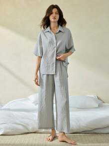 Ocili 休闲天然亚麻翻领前扣3/4袖中长条纹舒适女士睡衣套装节日季 - 淺藍色 - 查看 5