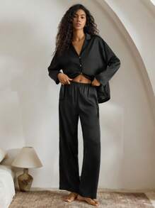 Ocili 休闲女士丝滑缎面宽松长袖上衣长裤睡衣套装，适合假日、秋冬季节穿着 - 黑色 - 查看 7