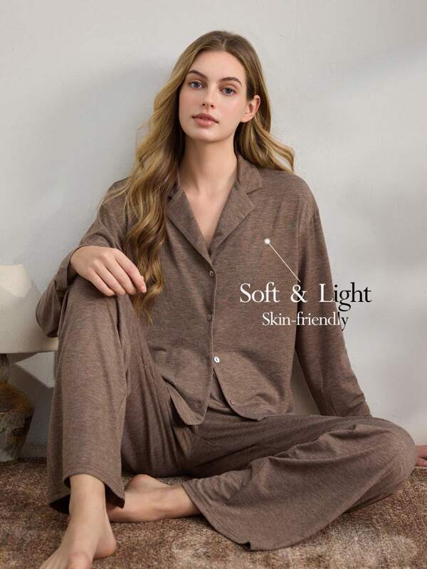 Ocili Ocili Leisure Lapel Collar Button Front PJ Set Holidayseason