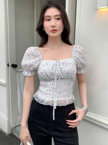 Celisse 时尚新款法式白色波点蕾丝拼接夏季方领泡泡袖女衬衫 - 白色 - 查看 3
