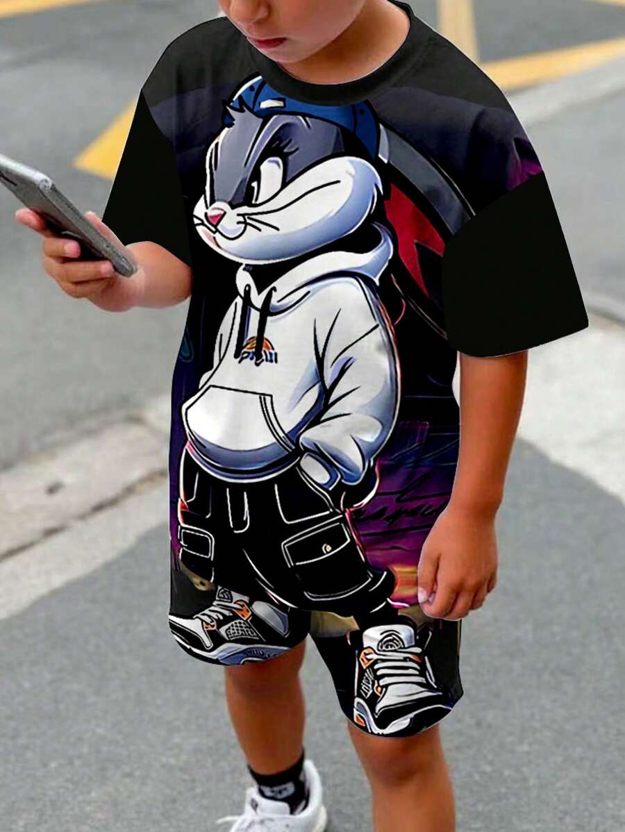 SHEIN Tween Boy Casual Stylish Modern Classic Cool Rabbit Graphic Print Short Sleeve Round Neck Tee & Shorts 2PC Set, Suitable For Summer - Multicolor - View 1