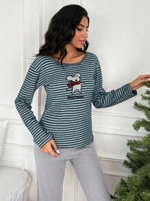 EURMUSE 100%Cotton Striped & Cartoon Graphic PJ Set - Green - View 4