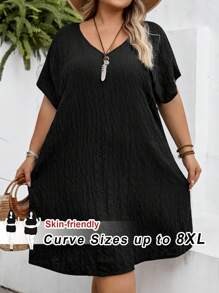 SHEIN CURVE+ 大码短袖休闲连衣裙，适合度假、休闲、优雅家居服 - 黑色 - 查看 1