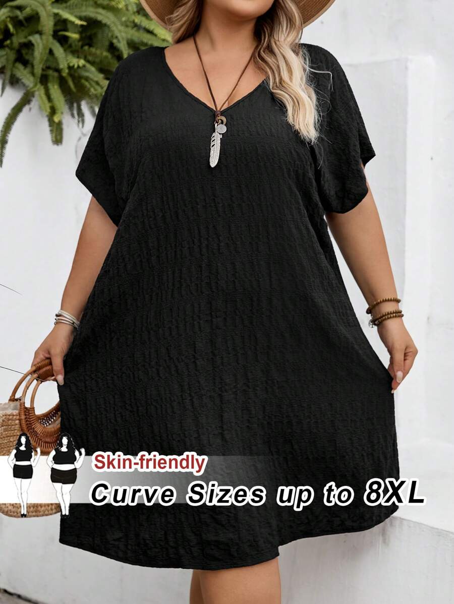 SHEIN CURVE+ 大码短袖休闲连衣裙,适合度假、休闲、优雅家居服 - 黑色 - 查看 1