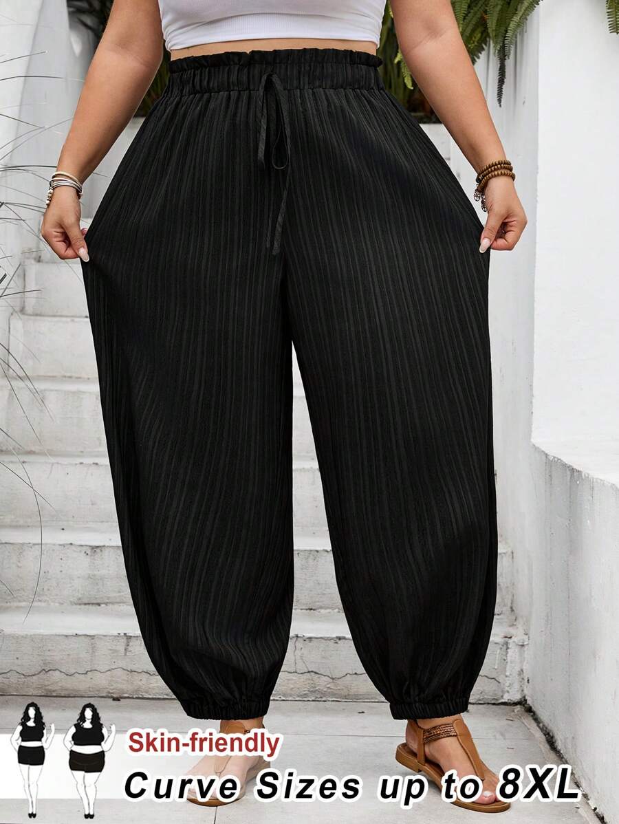 SHEIN CURVE+ 大码休闲纯色抽绳及踝长裤 - 黑色 - 查看 1