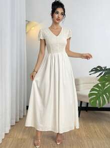 Modelyn Vestido elegante de unicolor con parches de encaje, estilo francés, para fiesta de verano - Blanco - Ver 3