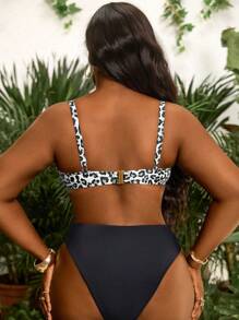 Slaydiva Top de bikini de talla grande para mujer con estampado de leopardo, copa modular y cruzado en la espalda, para playa de verano