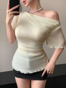 DAZY 夏季修身雪纺露肩短袖衬衫，优雅百搭，适合办公室、派对、婚礼等场合，荷叶边下摆，尽显女性魅力。 - 米色 - 查看 7