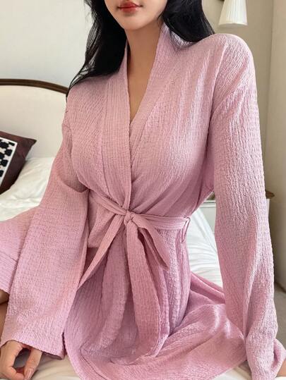 SHEIN 1 件纯色纹理休闲家居服腰带长袖浴袍，舒适服装