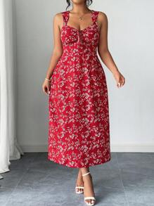 Elenzga Elegante vestito vintage con stampa floreale ditsy, taglie comode, scollo a cuore, vita con fiocco, spacco laterale sexy, disponibile in più colori