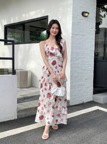 Celisse فستان ماكسي طويل أنيق للنساء بخصر كشكشة غير متماثل مزدان بالورود - متعدد الألوان - مشاهدة 6