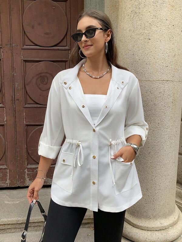 SHEIN EZwear Plus Size Solid Color Drawstring Waist Jacket For Casual Early Autumn