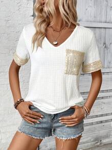 EMERY ROSE T-shirt texturé avec empiècement décoré, col en V, manches courtes, décontracté, pour l'été, pour femmes