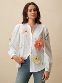 Anewsta Blusa de manga larga de cuello redondo, estilo casual suelto, con diseño de flores 3D bordadas, estilo resort de primavera/verano