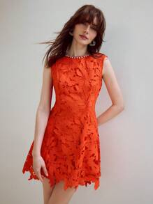 MOTF PREMIUM GUIPURE LACE SLEEVELESS SHORT DRESS - Red - View 7