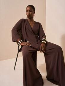 Veslaya Set di tuta casual da donna oversize, composto da top a maniche lunghe con laccio e pantaloni larghi, colore tinta unita, adatto per l'autunno e l'inverno 2025. Set di pantaloni e giacca marrone con pantaloni a gamba ampia.