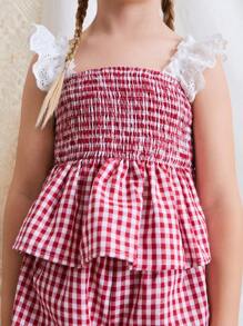 Maija Kids Maija Kids 小女孩刺绣吊带格子泡泡袖连衣裙背心短裤套装