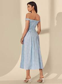 Almamuse Women's Elegant Jacquard Off Shoulder Long Dress - Blue - View 2
