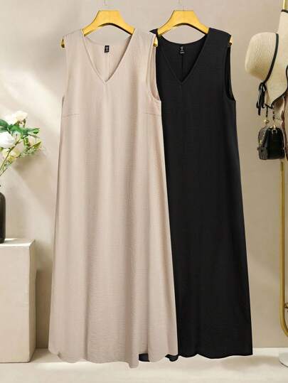 Al Najma Plus Size Women's Casual Solid Color V-Neck Dress