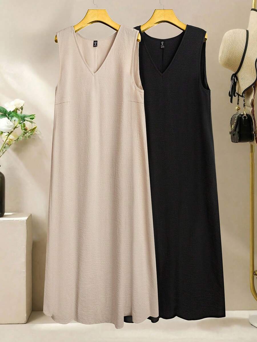 Al Najma Plus Size Women's Casual Solid Color V-Neck Dress