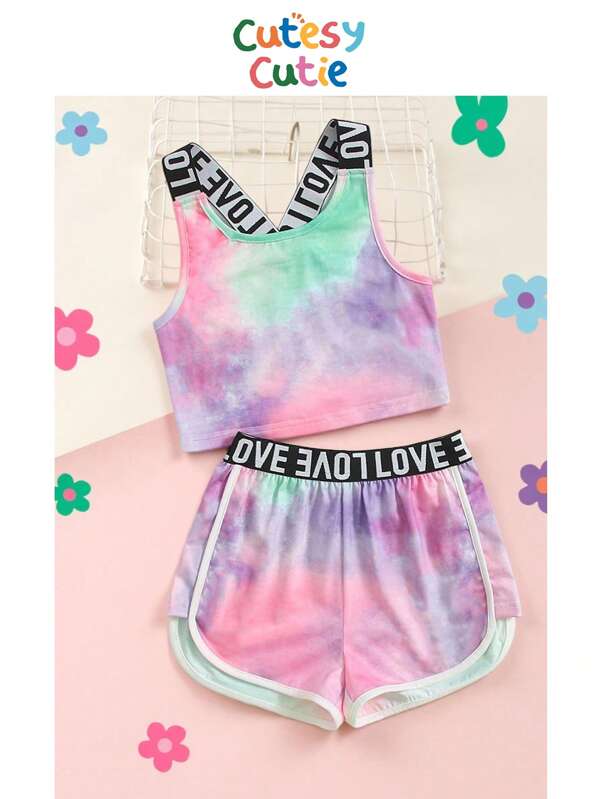 SHEIN Young Girl Letter Tape Tie Dye Crop Tank Top & Contrast Binding Track Shorts