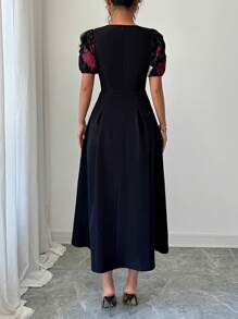 Elenzga V-Neck Puff Sleeve Embroidered Cinched Waist Pleated Women Dress - Black - View 2