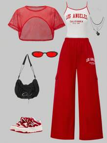 SHEIN 3Pcs/Set Teen Girls Fashion Streetwear Comfy Mesh Short Sleeve Top, Graphic Print Tank Top And Printed Wide Leg Cargo Pants,Casual Wear