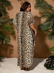 SHEIN SXY Plus Size Women's Spring&Summer Elegant Sexy Leopard Print Indented Pleat Design Fashion Split Front Gather Dress,Suitable For Everyday Wear, Western Wear,Music Festival,Concert Leopard Print Plus Size Plus Size Leopard Print Dress Plus Size Kaftan; Animal Print Plus Size; Plus Size Maxi Dress - Multicolor - View 2