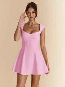 SHEIN BAE 纯色白色方领露背泡泡袖连衣裙，优雅女士夏季迷你连衣裙，适合约会之夜、伴娘和正式场合，春夏季