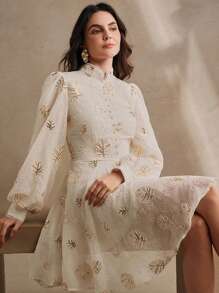 Anewsta Modern Champagne High-End Floral Mesh Network Elegant Sequin Long Sleeve Dress For Women, Festival, Resort Wear, Spring & Summer Outfits - Champagne - View 3