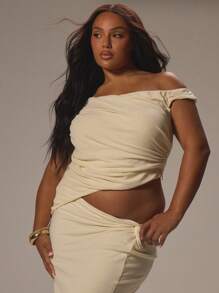 MUSERA Plus Size Off The Shoulder Drape Asymmetric Hem Top Casual, Cute, Cool Girl, Casual, Sexy Top, Curve Top, Ruched Waist, Party Spring Summer Holiday - Beige - View 1
