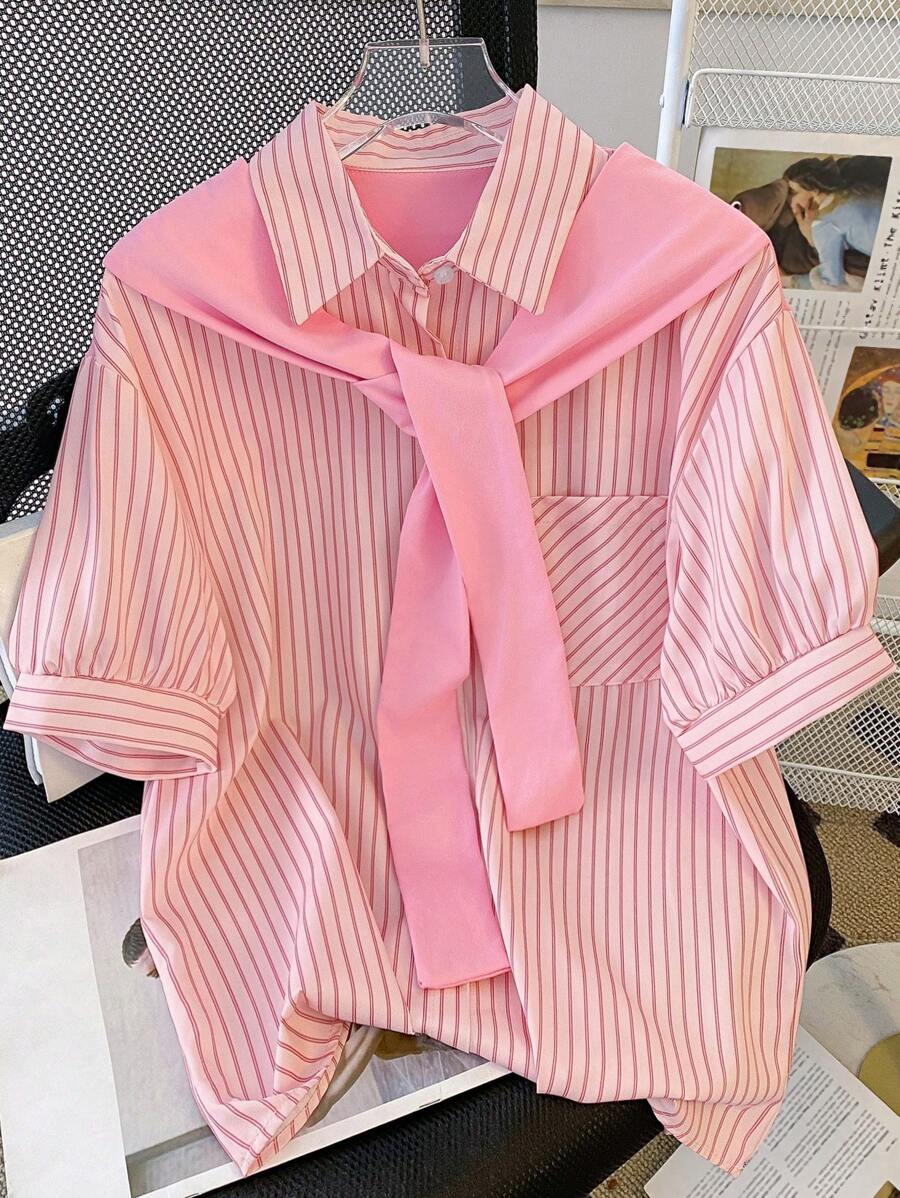 SHEIN 女士条纹印花纽扣前系带短袖衬衫女士衬衫 - 粉色 - 查看 1