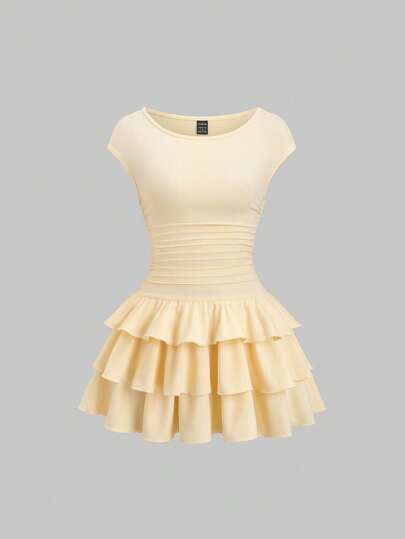 Sweetra Sleeveless Yellow Layered Cake Hem Cute Mini Dress