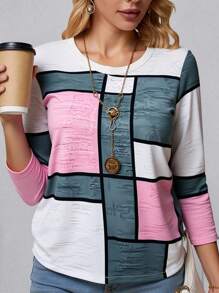 SHEIN LUNE Women's Long Sleeve T-Shirt - Casual T-Shirt With Elegant Geometric Print, Long Sleeve, Round Neck