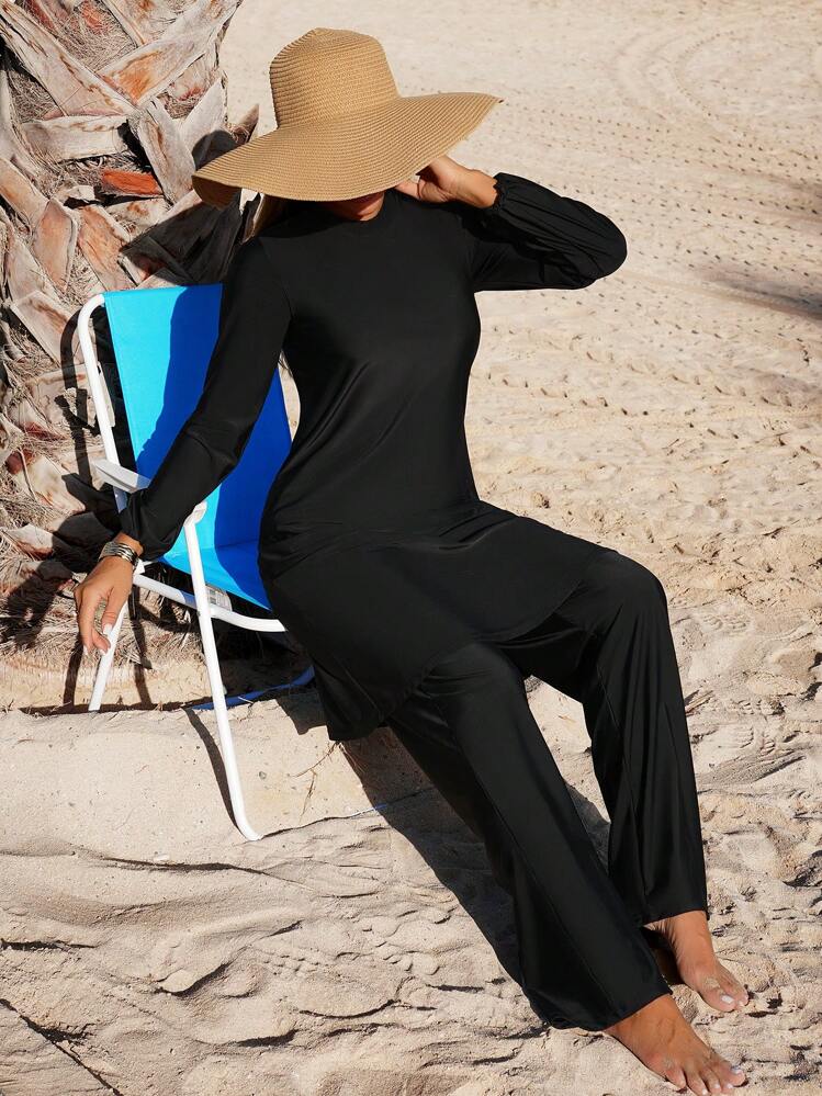 Swim Mulvari Ensemble de maillot de bain femme 2 pièces avec Top à manches longues et pantalon, couverture intégrale et style modeste - Noir - Voir 5
