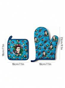 Frida Kahlo X SHEIN Printed Heat Insulation Set, Individual Piece And Set, Heat Insulation & Anti-Scald, Suitable For Kitchen Baking, Slip Proof Kitchen Items, Practical Holiday Home Gift,Summer Outfits, Spring Outfits,Beach, Vacation, Flower - Blue - View 4