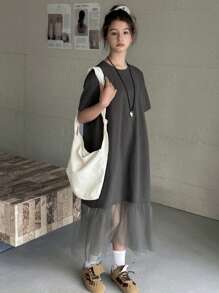 DAZY 少女圆领针织短袖撞色网眼溜冰裙，夏季，返校服 - 深灰色 - 查看 8