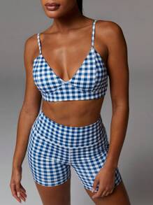Athîral 2pcs Women Casual Sports Plaid Print Bra And Shorts Set