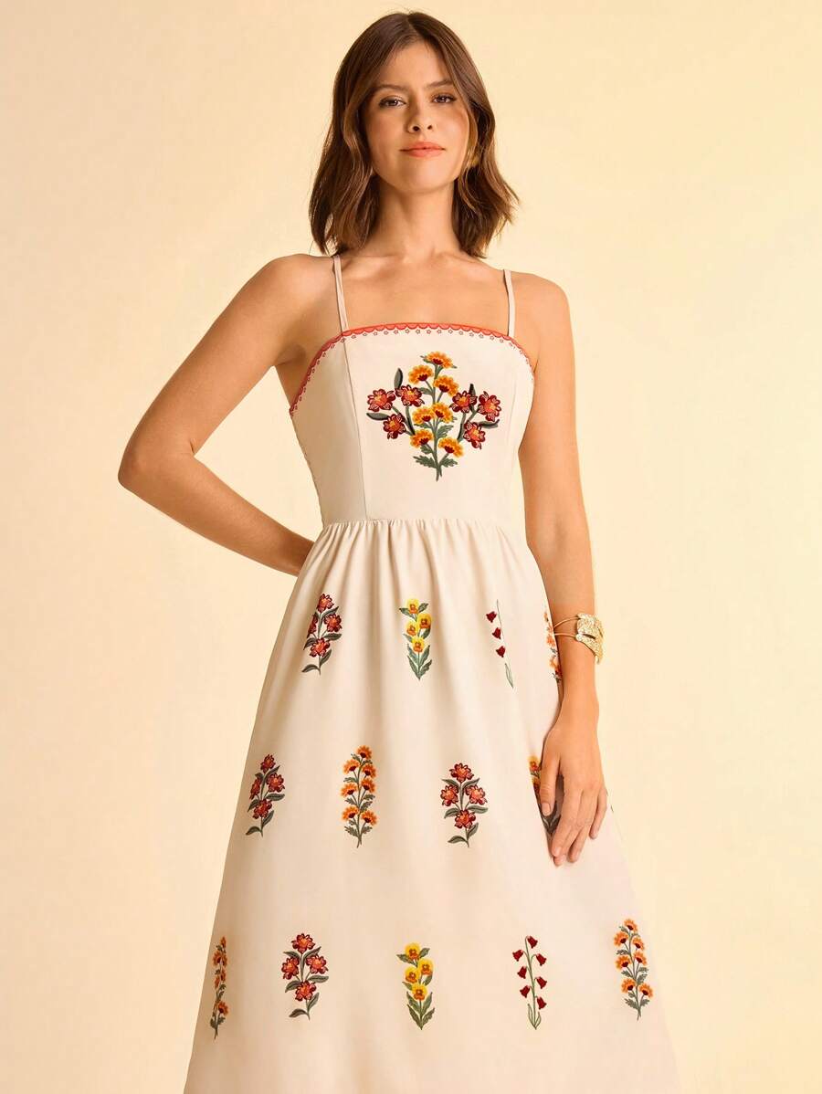 CAJUNI Women's Holiday Boho Colorful Tropical Floral Print With Spaghetti Straps Back Elastic Waist A-Line Summer Beige Holiday Long Dress