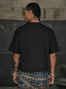 AXEPEAK 男士夏季水钻字母装饰圆领短袖休闲 T 恤，情绪摇滚，街头服饰 - 黑色 - 查看 3