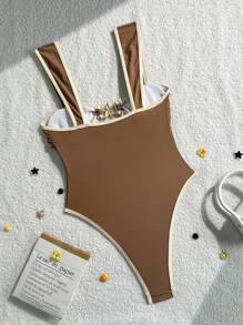 Swim Vcay 女士度假沙滩黑白尼龙面料连体泳衣 - 咖啡棕 - 查看 2