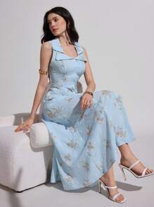 Modelyn Váy dài in hoa lãng mạn cho nữ, làm bằng vải đặc biệt - Màu xanh lam - Xem 2