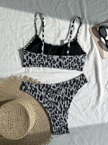 Swim Vcay Beach Holiday Tropical Floral Print Ruffled Halter Neck Triangle Cup Bikini Set, Split Two-Piece Bikini Set For Vacation, Beach, Party For Summer - Multicolor - View 2