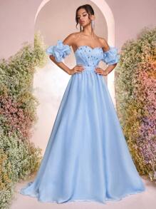 Glamrae Vestido longo formal feminino elegante e luxuoso, feito à mão, em organza azul claro com brilho, busto de diamantes e design de coração, manga bufante