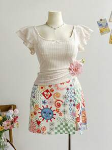 Soleia 大码女式度假风格缎面印花前侧开衩直筒修身太阳元素彩色图案印花夏季半身裙，圣诞服装 - 彩色 - 查看 6