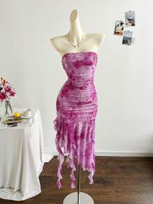 Soleia 浪漫花卉网状荷叶边抹胸连衣裙，适合节日、约会、情人节下午茶 - 彩色 - 查看 4