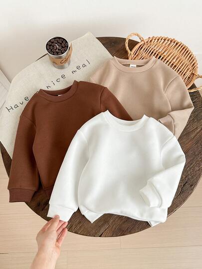 SHEIN LMoss Kids LMoss 3pcs/Set Baby Girl Solid Color Cute Thermal Lined Round Neck Long Sleeve Sweatshirt, Autumn/Winter Baby Solid Sweater Baby Pullover Sweater Baby Sweatshirt Toddler Sweatshirt Baby Solid Color Sweatshirt Solid Color Baby Top Fall