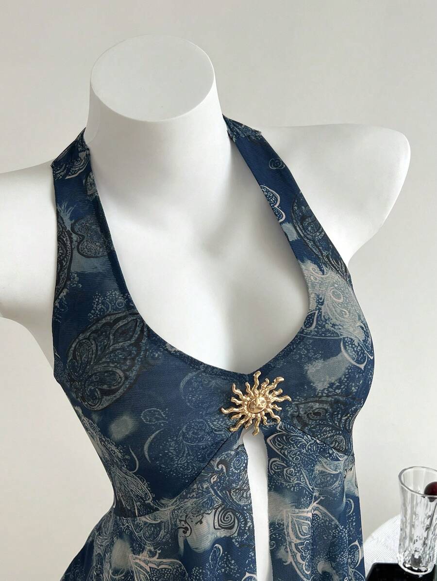 Elamini Casual Vacation Sunray Metal Accessory Necklace Halter Top, Spring/Summer - Multicolor - View 1